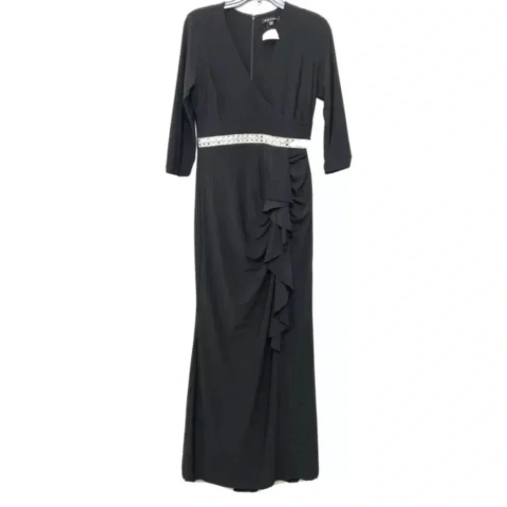 Marina Black Studded Waist Maxi Evening Dress